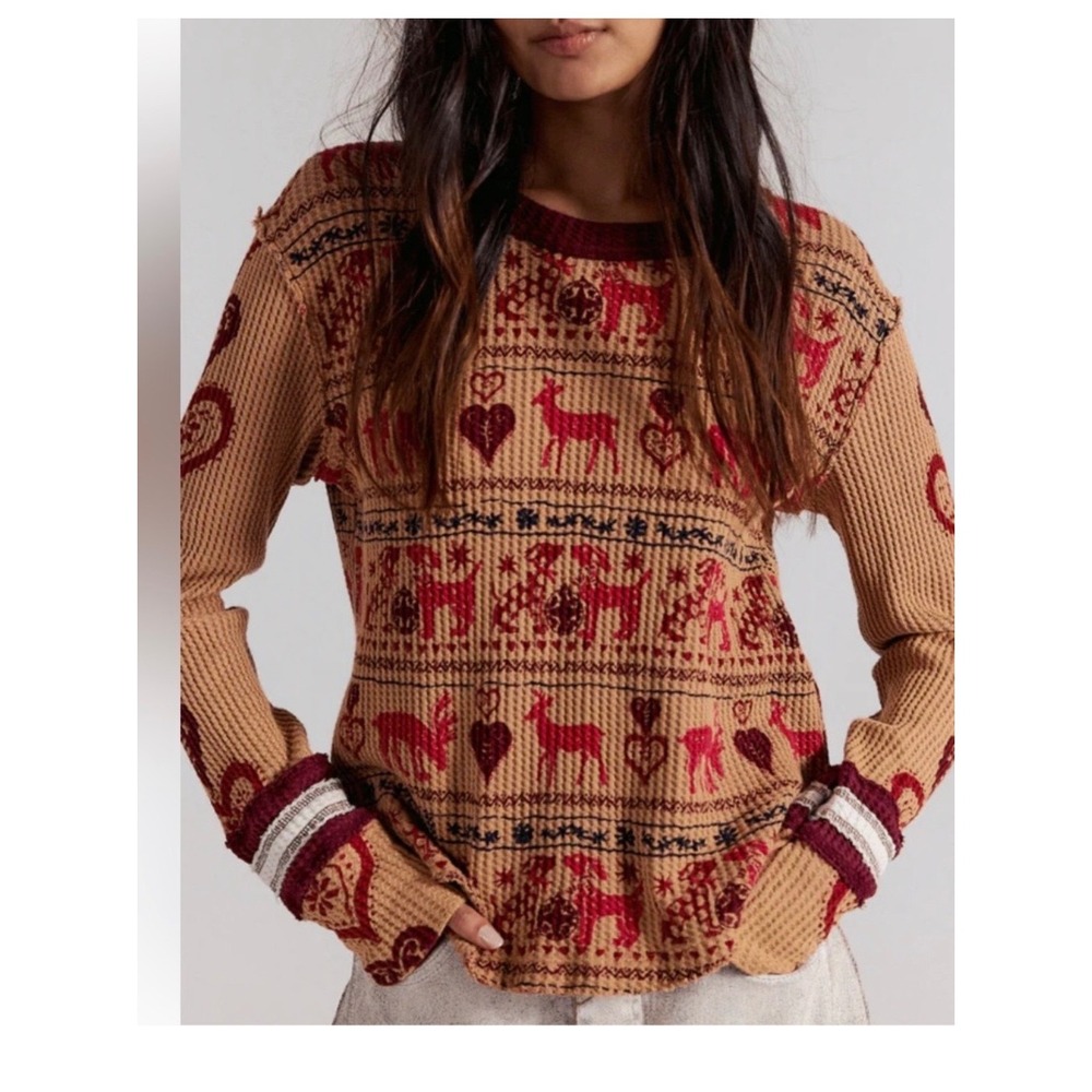 Free People We The Free Thermal Top XS Stone‎ Combo Fair Isle Deer Waffle